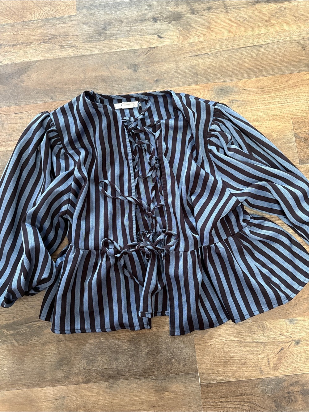 Blue and Black Striped Tie-Front Peplum Blouse